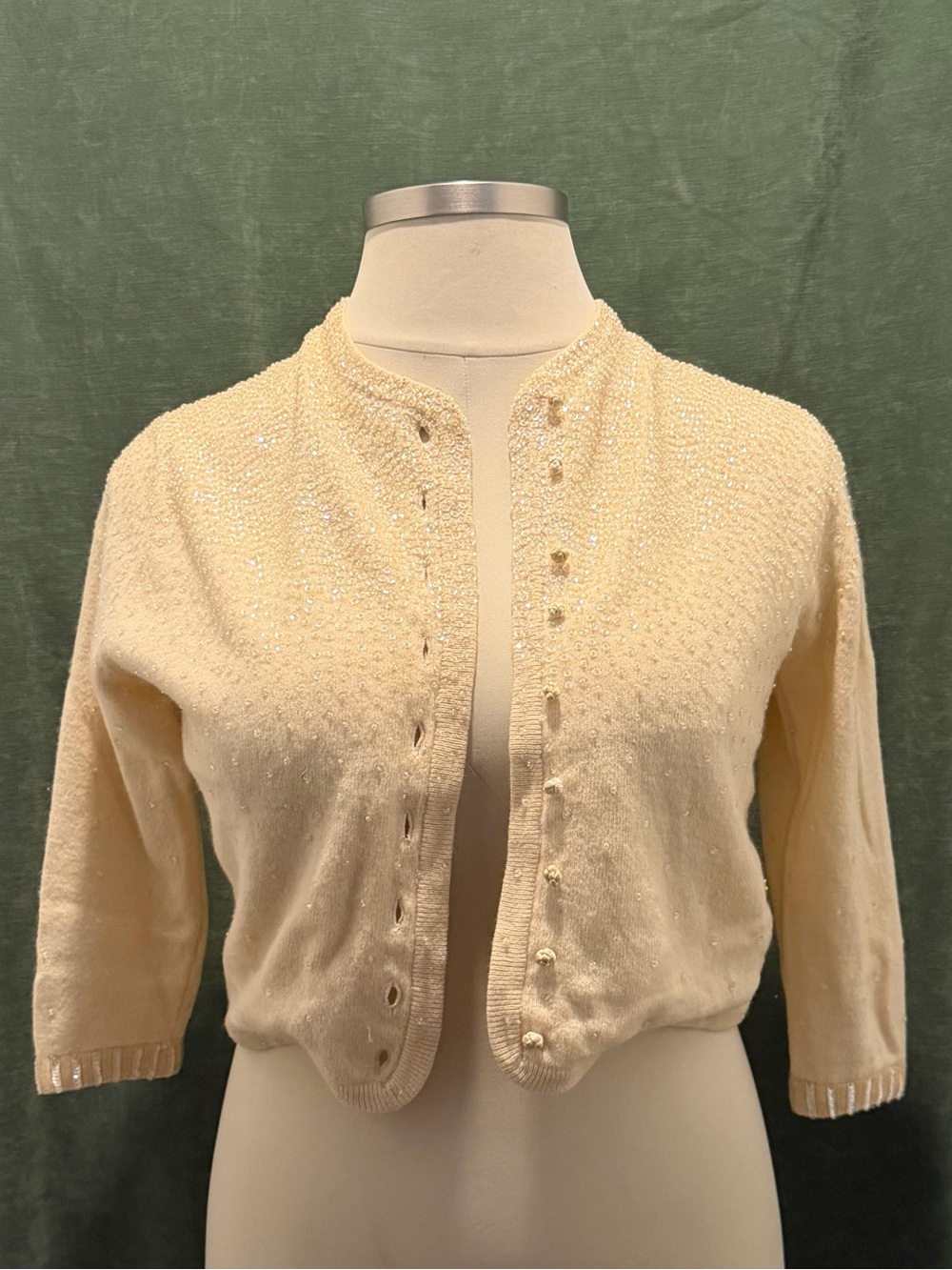 Vintage Classic Cream Beaded Cropped Cardigan Sweater - Made in Hong Kong